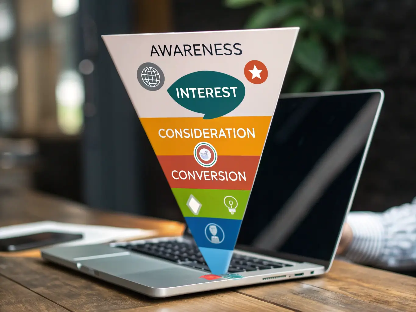 An infographic illustrating a marketing funnel with stages from awareness to conversion, highlighting key optimization points.